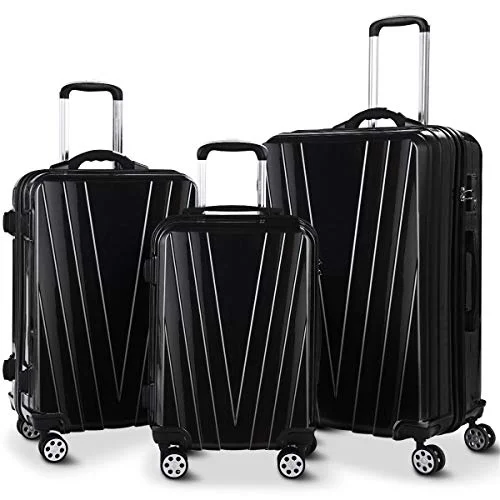 Suitcase with airy interior-suitcase with padded compartment-GHP 3-Pcs 20" 24" & 28" Black Travel Trolley Suitcases Luggage Set Telescoping Handle