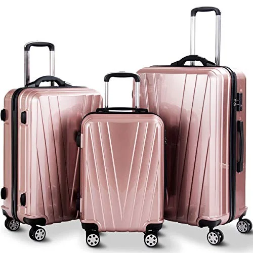 Suitcase for beach trips-luggage with compartments-GHP 3-Pcs 20" 24" & 28" Pink Trolley Suitcas Luggage Set w TSA Lock Weighing Function