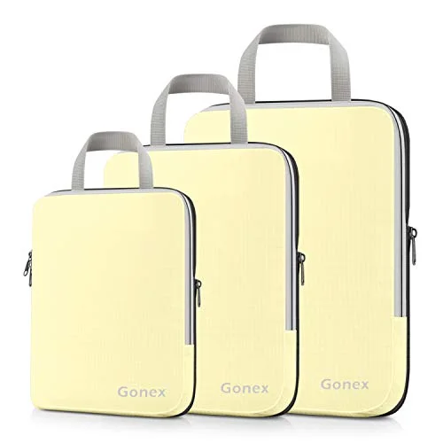 Suitcase with deep padding-foldable travel suitcase-Gonex Compression Packing Cubes,3pcs L+M+S Expandable StorageTravel Bags Luggage Organizers(Beige)