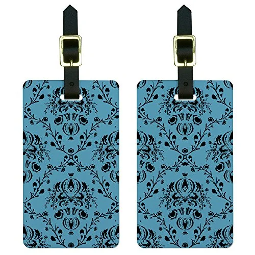 Suitcase with dual handles-suitcase for shopping trip-Graphics And More Damask Elegant Blue Black Luggage Tags Suitcase Carry-On Id Set Of 2