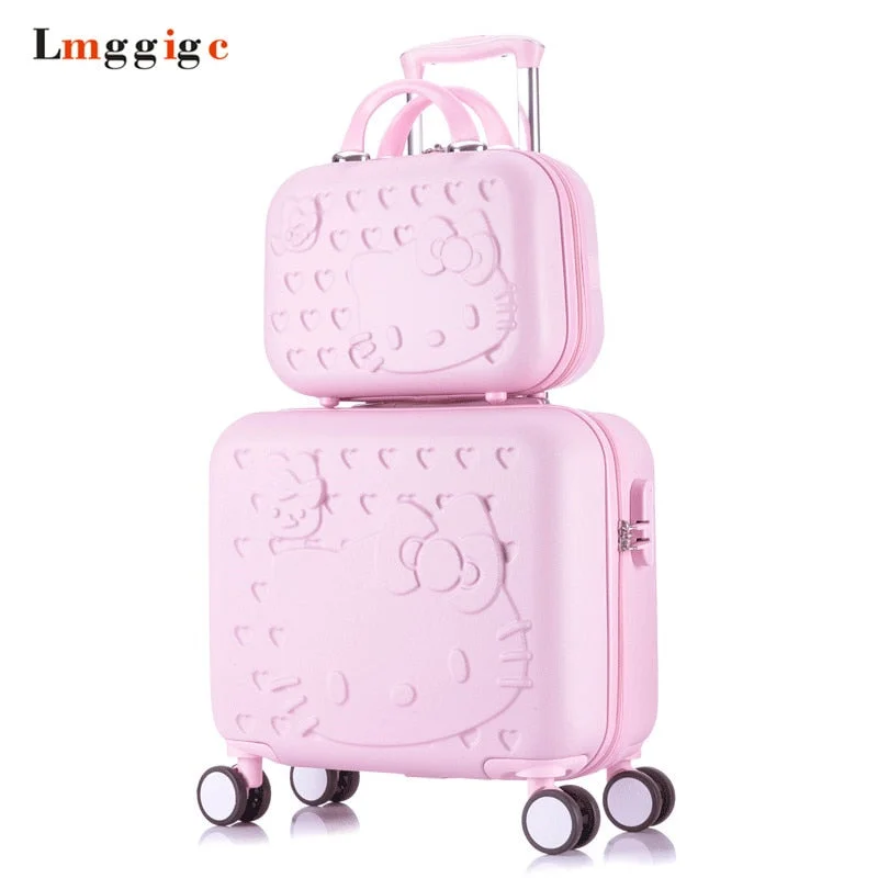 Suitcase with loud colors-hard case suitcase with wheels-Hello Kitty Cabin Luggage & Suitcase Set,Women Child Bag Gift ,Lovely Cartoon Trip Case,Universal