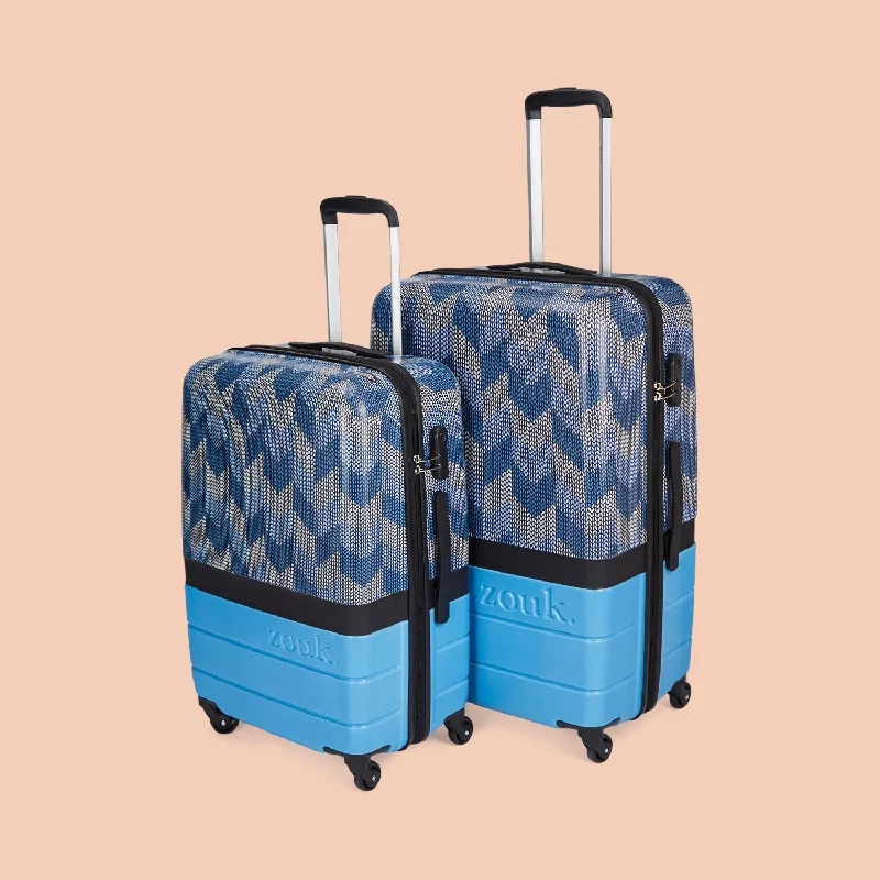 Travel bag with hidden storage-Himachal Chevron Blue Raahi Trolley Bag Combo (Medium & Large)