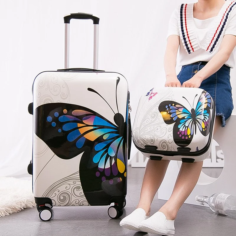 Suitcase with big capacity-comfortable carry-on suitcase-Hotsale!12 20 24Inches Pc Hardside Case Trolley Luggage Sets,Butterfly Cartoon Travel Luggage Bag