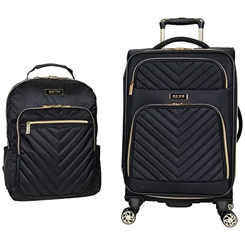 Suitcase with loud colors-hard case suitcase with wheels-Kenneth Cole Reaction Women's Chelsea Luggage Chevron Softside 8-Wheel Spinner Expandable Suitcase Collection, Black, 2pc Bundle (Carry On+Backpack)