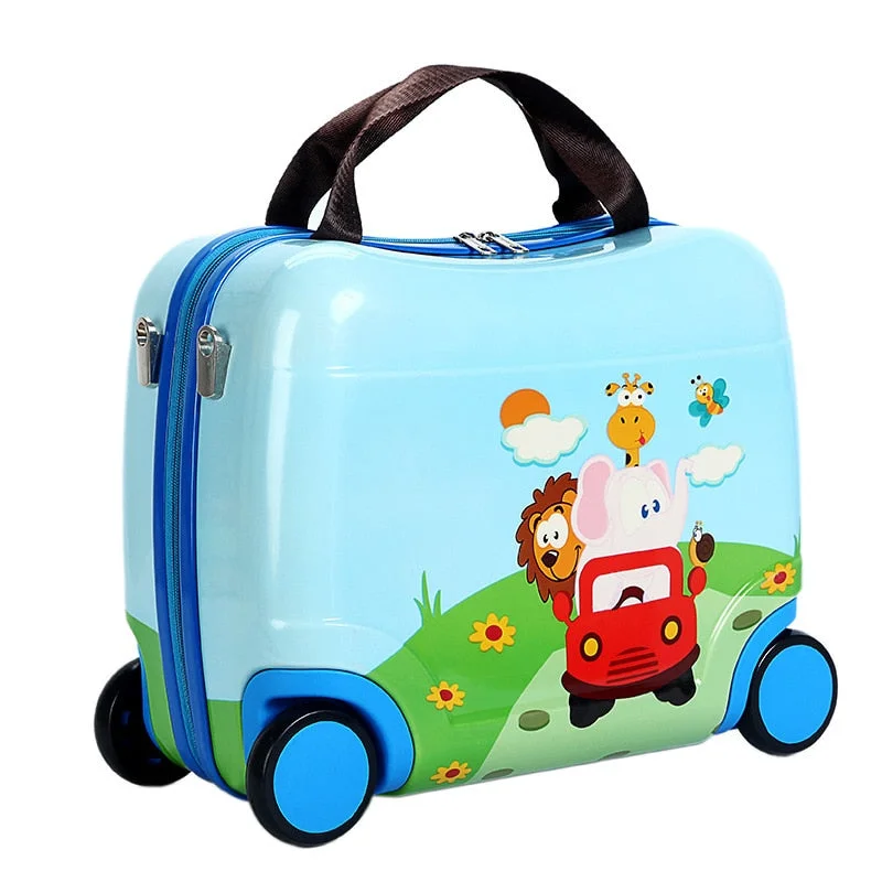 Suitcase with solid handle-travel luggage with zipper pockets-Kids Luggage Spinner Unisex Suitcase Multifunction Sitting Travel Luggage Set Cartoon Carry On