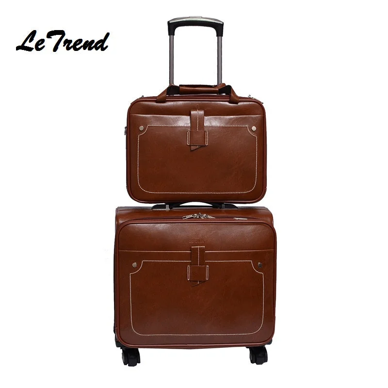 Suitcase for gift packing-stylish business suitcase-Letrend Men Business Pu Leather Rolling Luggage Set Spinner Retro Trolley 18 Inch Carry On