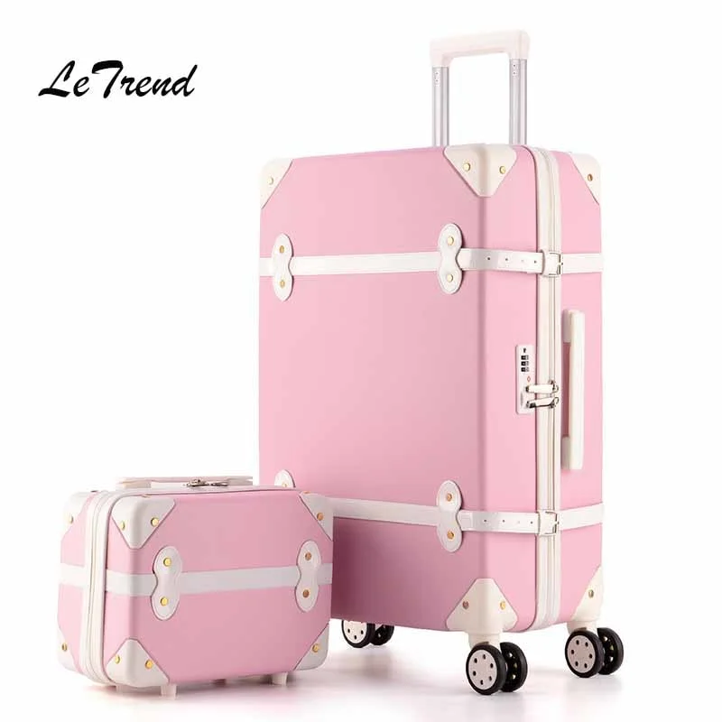 Suitcase for hill hikes-large suitcase for vacation-Letrend Women Suitcases Wheel Trolley Rolling Luggage Set Spinner Vintage Travel Bag Student