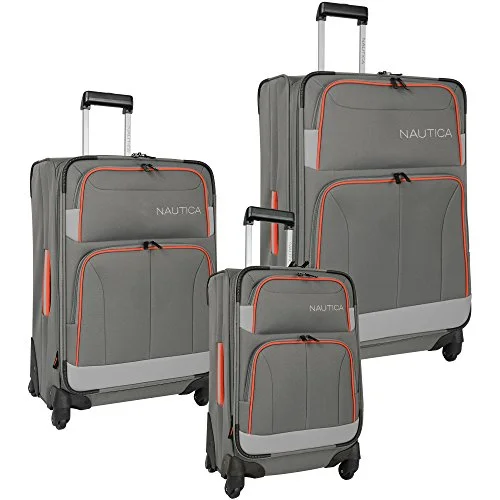 Suitcase with inner pockets-large hard-shell suitcase-Nautica Shipline 3 Piece Set, Charcoal Grey/Orange