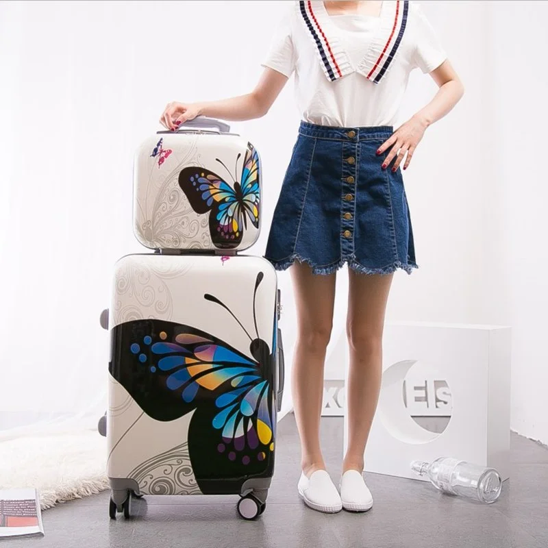 Suitcase for cold gear-soft-shell luggage suitcase-New Arrival!Women 12 20 24Inches Butterfly Pc Hardside Case Travel Luggage Set On Universal