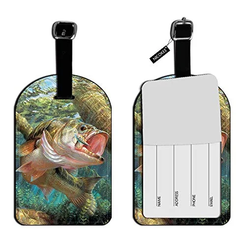 Suitcase for books-four-wheel suitcase-Nicokee Bass Fish Jumping Hook In River Luggage ID Tags Cards Travel ID Label Leather Baggage Airplane Labels