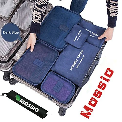 Suitcase with collapsible design-premium hard-shell suitcase-Packing Cubes,Mossio 7 Sets Waterproof Lightweight Laundry Organizer Dark Blue