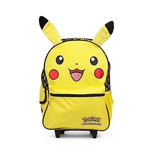 Suitcase with bold hues-professional suitcase-Pokemon Pikachu 16" Inch Yellow Rolling Backpack Luggage With Plush Ears