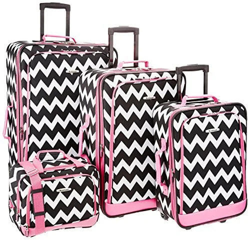 Suitcase with elastic straps-deluxe suitcase-Rockland 4 Piece Luggage Set, Pink Chevron, One Size