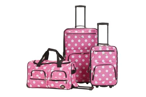 Suitcase with leopard print-deluxe suitcase for families-Rockland Luggage 3 Piece Printed Luggage Set, Pink Dot, Medium