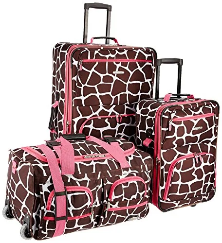 Suitcase with compact design-suitcase for business traveler-Rockland Luggage 3 Piece Printed Luggage Set, Pink Giraffe, Medium