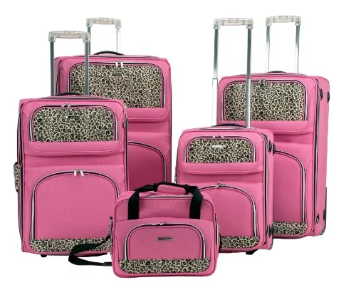 Suitcase for hand tools-suitcase with air tag-Rockland Luggage 5 Piece Leopard Set, Pink, Large