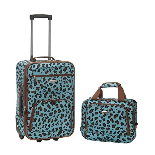 Suitcase with secret zipper-best soft-shell suitcase-Rockland Rio Upright Carry-On & Tote 2-Piece Luggage Set - Blue Leopard