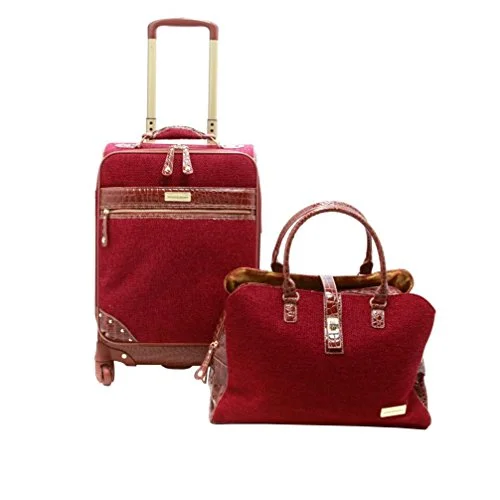 Suitcase with fox print-eco suitcase with wheels-Samantha Brown Tweed 2-Piece 21" Spinner And Shoulder Bag Luggage Set - Burgundy