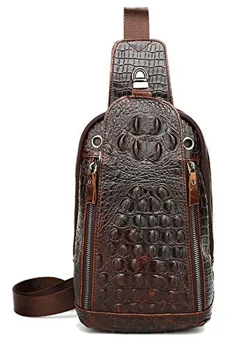 Crossbody minimalist leather bag-Sealinf Mens Crocodile Embossed Leather Chest Crossbody Bag Travel Sling Bag (Deep Brown)