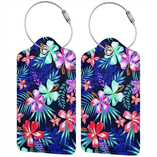 Suitcase for family vacations-durable suitcase-Set of 2 Luggage Tag Tropical Flower Beach Leather ID Tags for Suitcase Baggage Bag with Suitcase Tags Identifiers Full Back Privacy Cover for Men Women Kid Travel