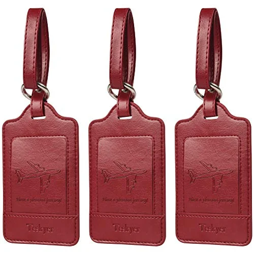 Suitcase for long flights-carry-on suitcase-Teskyer Luggage Tags, 3 Pack Premium PU Leahter Luggage Tags Privacy Protection Travel Bag Labels Suitcase Tags