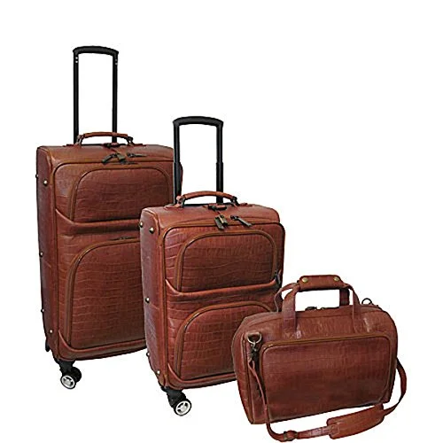 Suitcase with dark leather-high-tech luggage suitcase-The Set Of Classic Brown Amerileather Traveler Croco Print 3 Piece Luggage Set