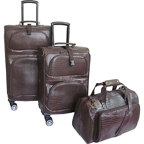 Suitcase for travel kits-premium suitcase with handle-The Set Of Classic Dark Brown Amerileather Traveler Croco Print 3 Piece Luggage Set