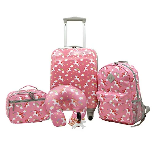 Suitcase for fishing supplies-deluxe travel suitcase-Travelers Club Kids' 5 Piece Luggage Travel Set, Unicorn