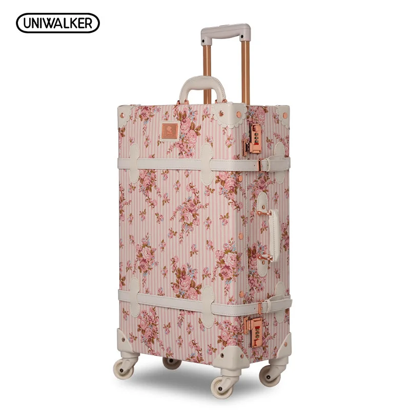 Suitcase for work supplies-durable luggage for international flights-Uniwalker 13" 20" 22" 24" 26" 2Pcs/Set Women Retro Floral Trolley Luggage Suitcase, Girl Pink