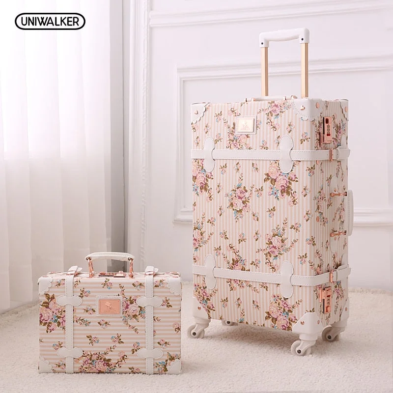 Suitcase for travel goods-stylish carry-on luggage-Uniwalker 2Pcs/Set Vintage Floral Pu Travel Luggage,13" 20" 22" 24" 26" Women Retro Trolley Luggage