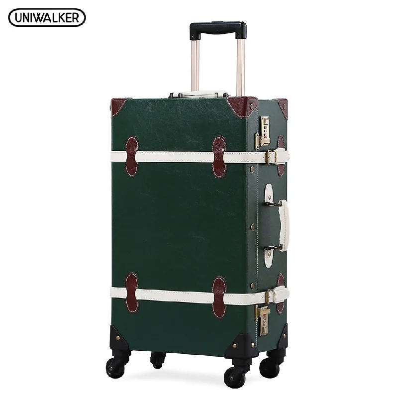 Suitcase with sleek grip-stylish luggage for kids-Uniwalker Pu Leather Dark Green Retro Rolling  Luggage 20''22''24''26'' Set Travel Trolley Suitcase