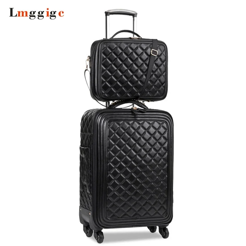 Suitcase for gym kits-professional suitcase for executives-Women Luggage Set,High Quality Pu Leather Suitcase Bag,Universal Wheels Carry-Ons,Grid Pattern