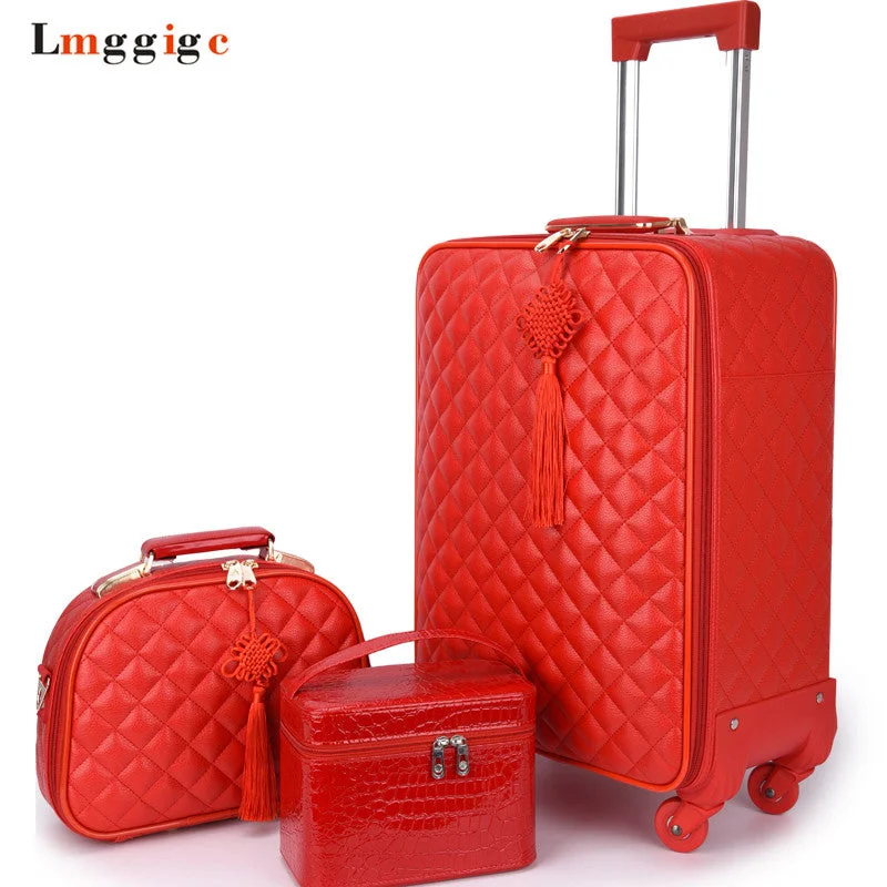 Suitcase for party kits-stylish kids travel suitcase-Women 'S Travel Rolling Luggage Suitcase Bag Set,Red Waterproof Pu Leather Bag With Wheel ,20"24"