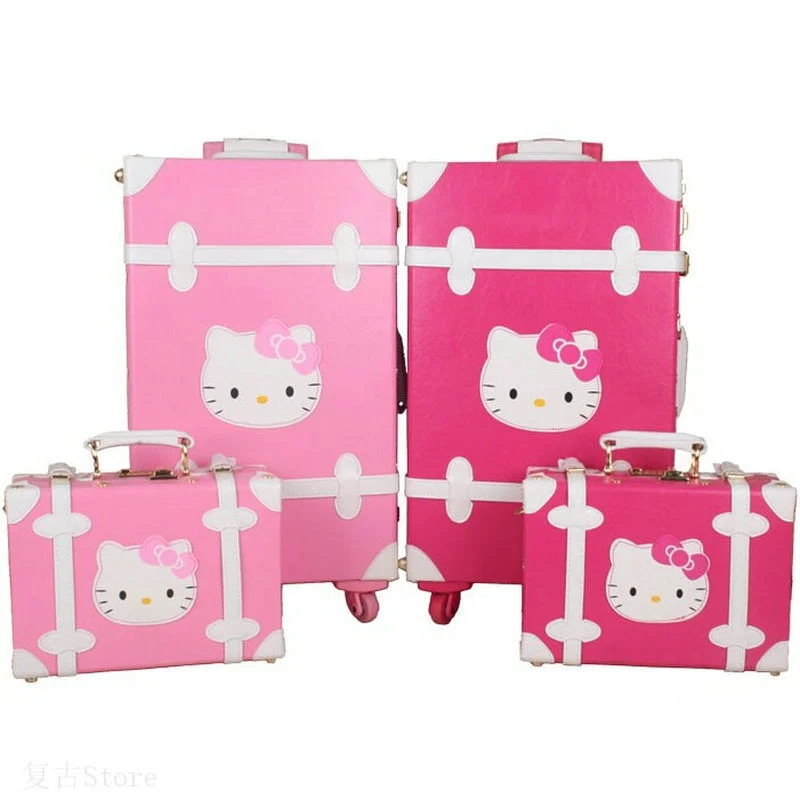 Suitcase with feather-light shell-travel suitcase with exterior pocket-Women Vintage Trolley Luggage Travel Bag Hello Kitty Luggage Universal Wheels Luggage Sets Travel