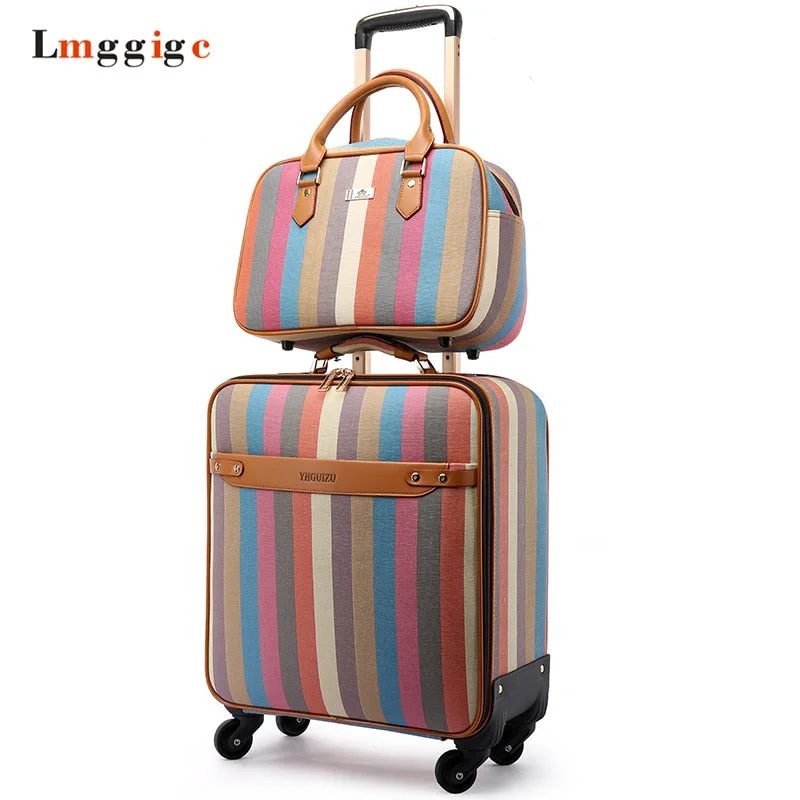 Suitcase for food items-business luggage suitcase with compartments-Women'S Colorful Suitcase Set,Pu Leather Stripe Pattern Luggage Bag, Fashion Trolley Case,