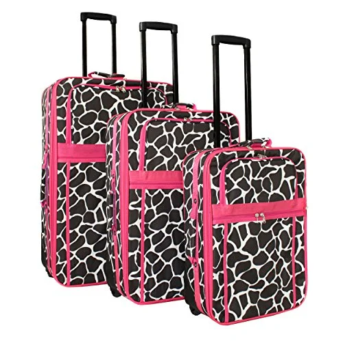 Suitcase with sturdy handle-eco-friendly suitcase-World Traveler 3 Piece Expandable Upright Luggage Set, Fuchsia Trim Giraffe, One Size