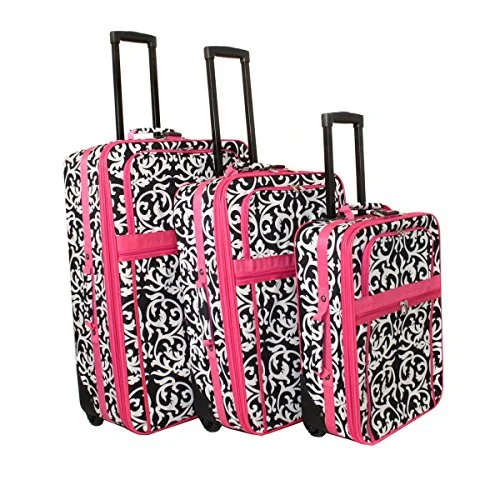 Suitcase for food items-business luggage suitcase with compartments-World Traveler Damask 3-Piece Expandable Upright Luggage Set, Pink Trim Damask