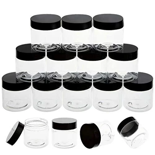 Suitcase with famous logo-travel suitcase with handle extension-ZEJIA 20 Pack 2oz jars with lids Plastic Round Clear Leak-Proof Container with Black Lid， Inner Liner and Labels for Cosmetic, Powders, Beads Jewelry, Liquids（Black）